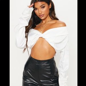White Bardot Twist Front Crop Top